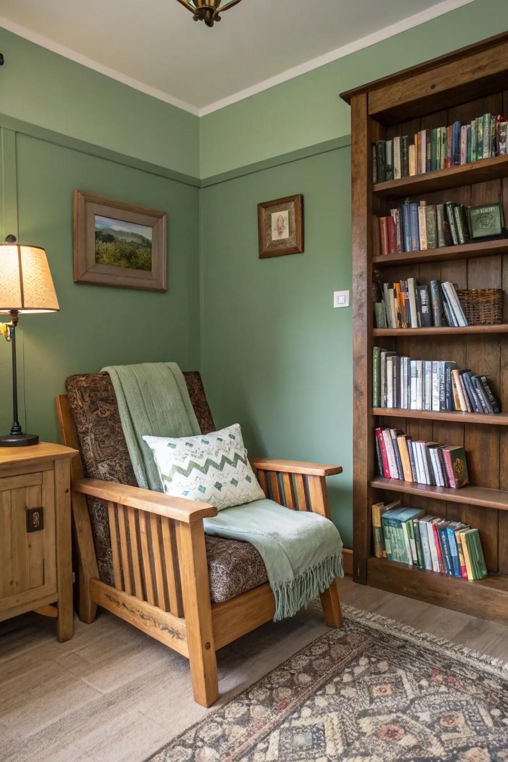 A cozy reading space with a rustic element.