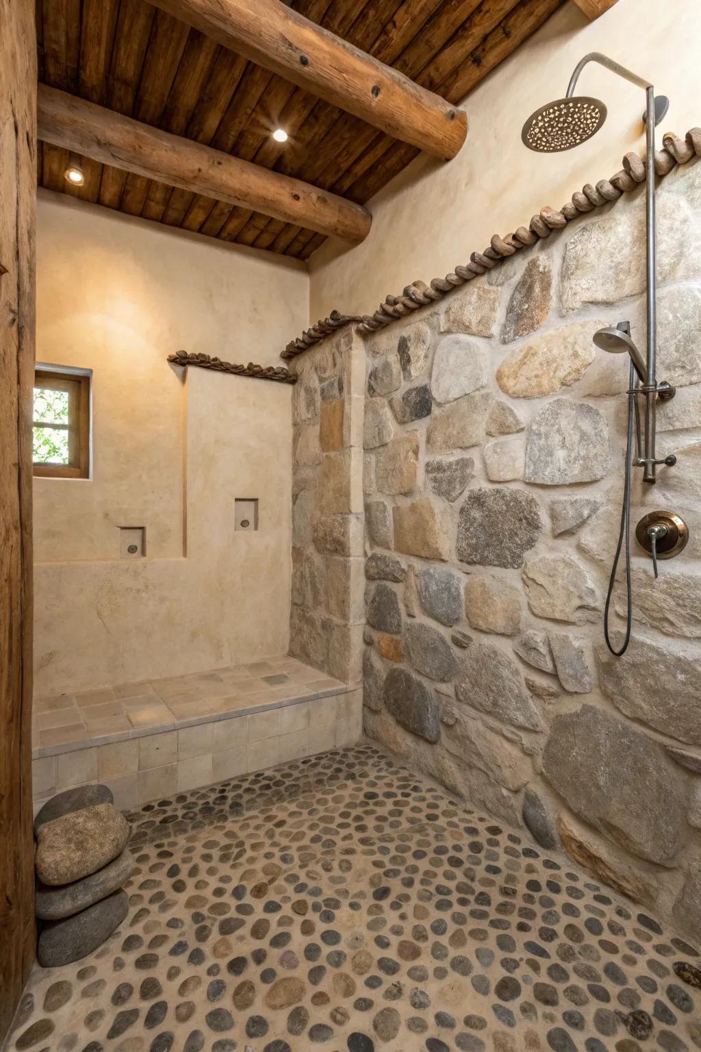 Shingle tiles introduce a natural touch, perfect for a gentle foot massage.