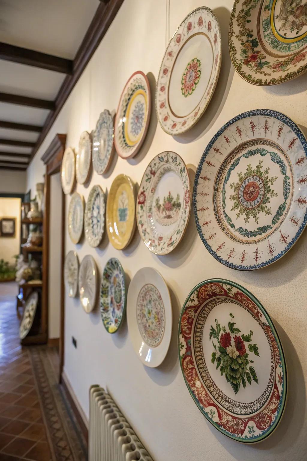 An eclectic collection of aged plates designs a charming wall display.