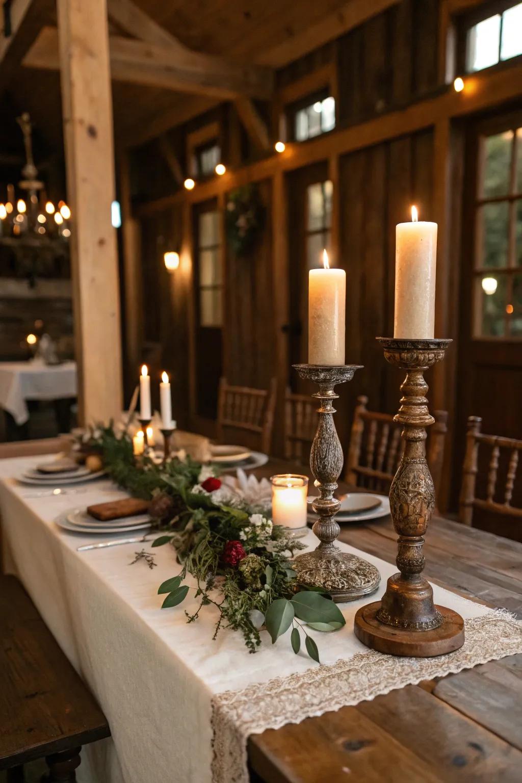 Antique candle vessels offering a hint of sophistication to the countryside table.