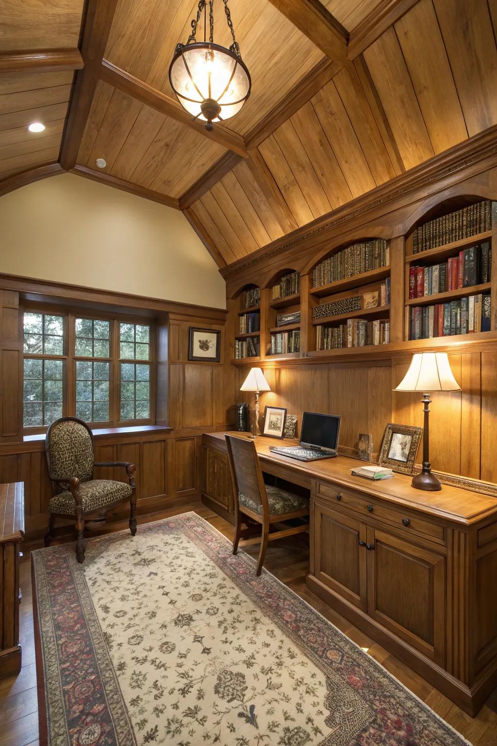 Ceiling paneling establishes a comfy and intimate atmosphere.