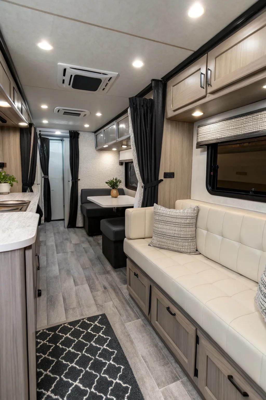 A monochrome palette cultivates a streamlined, harmonious RV interior.