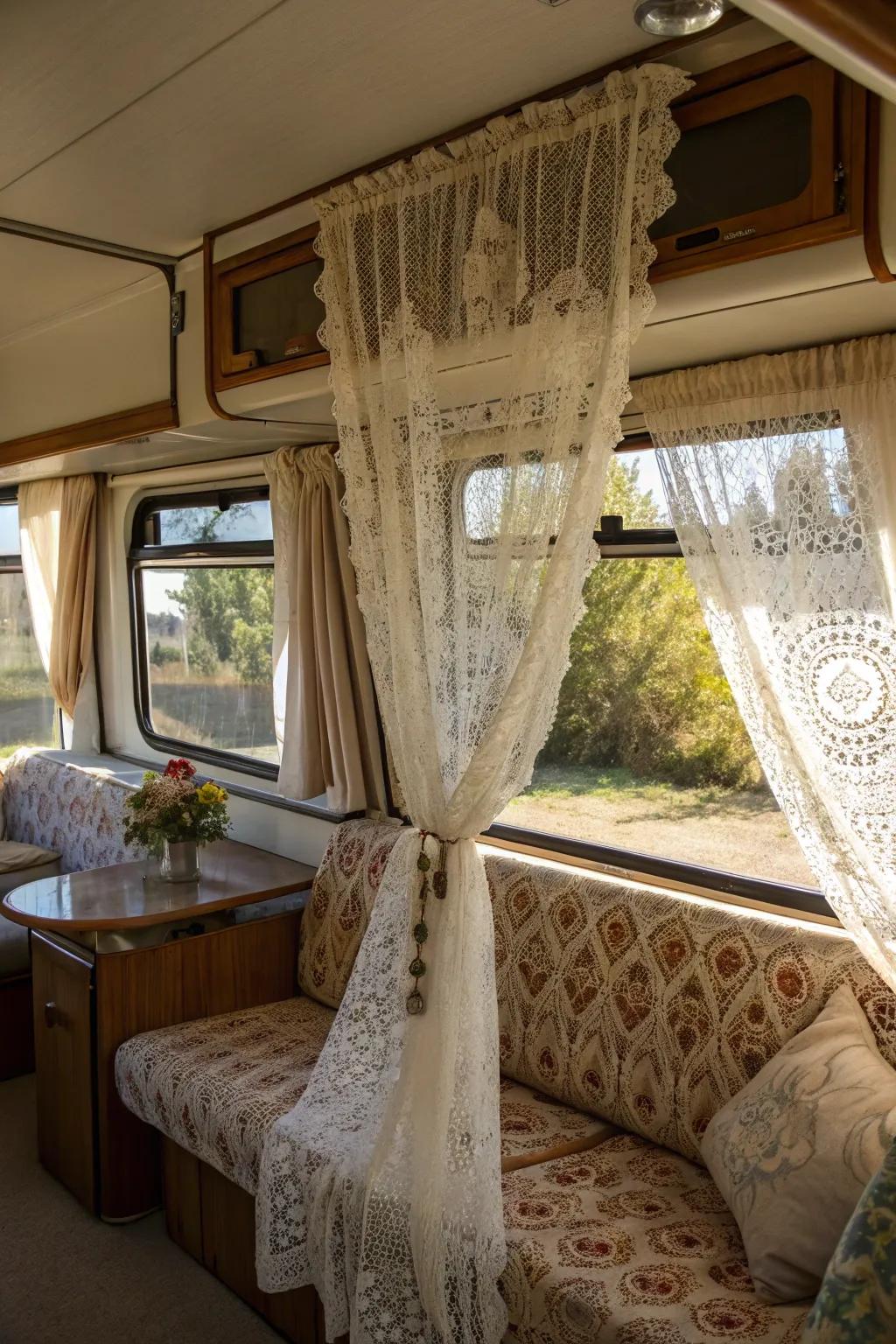 Vintage charm with lace curtains in your RV.