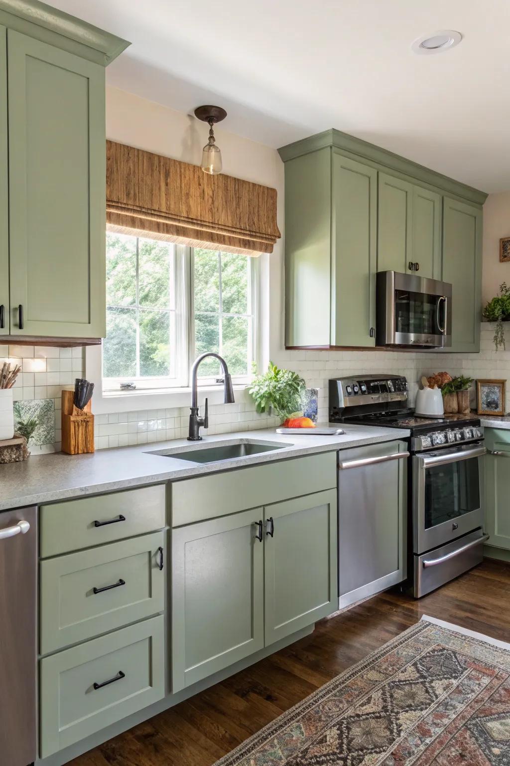 Up-to-date machines mix beautifully with verdant cabinetry.