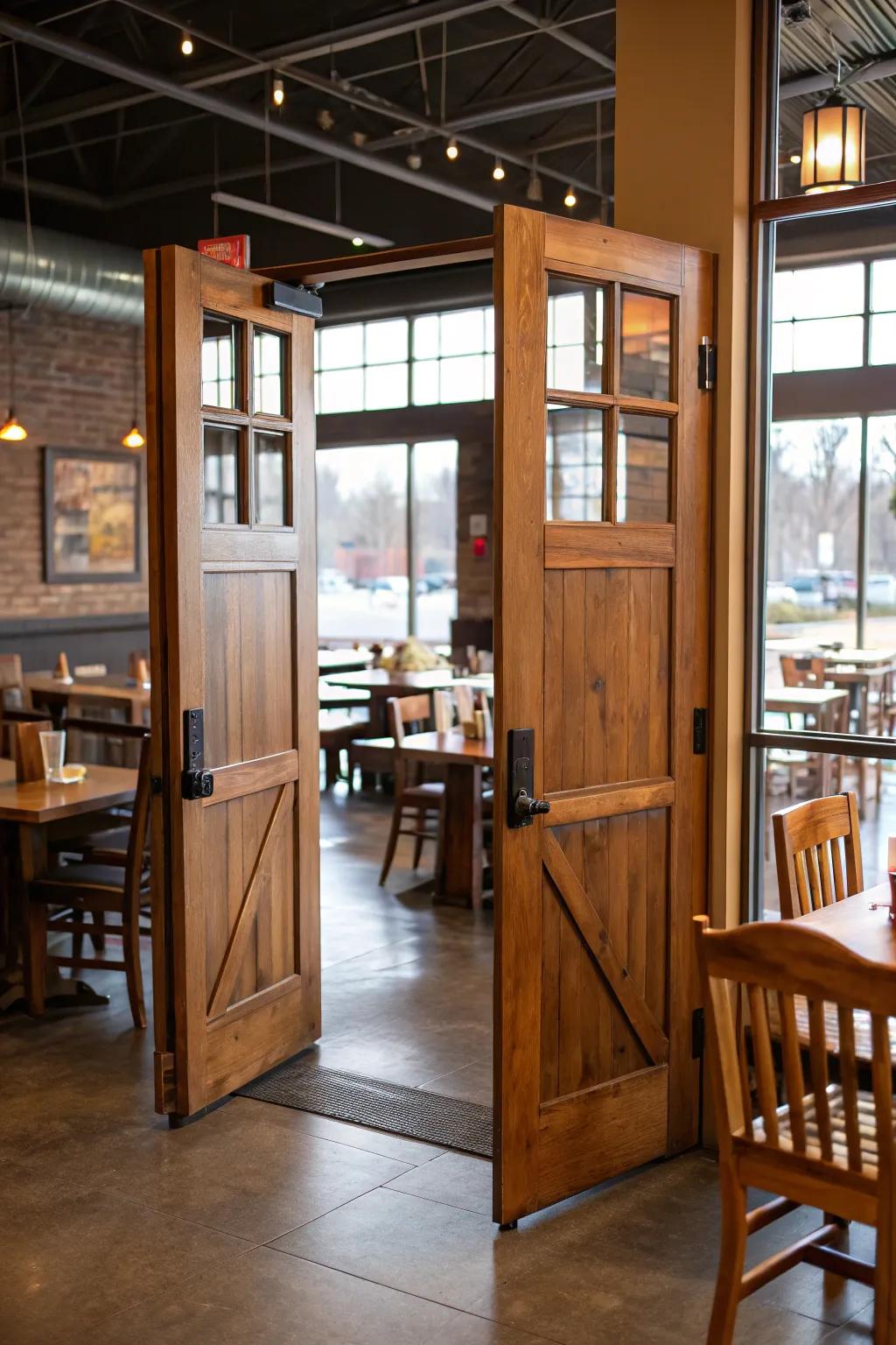 Half-height swinging doors provide subtle separation.