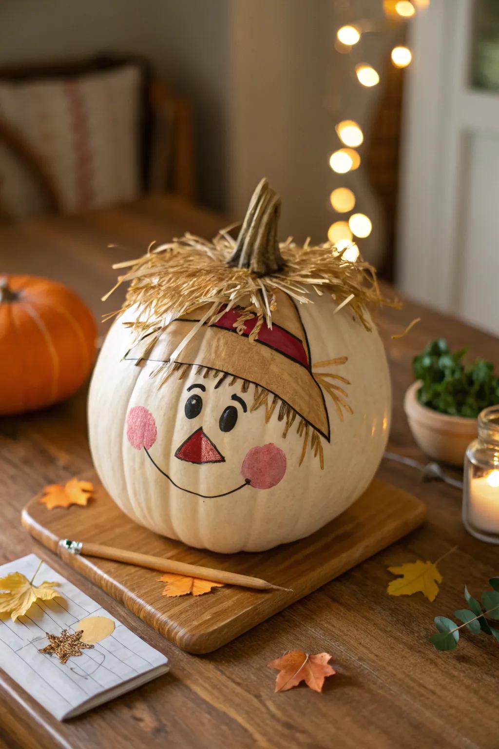 Rosy cheeks infuse warmth into this scarecrow pumpkin.