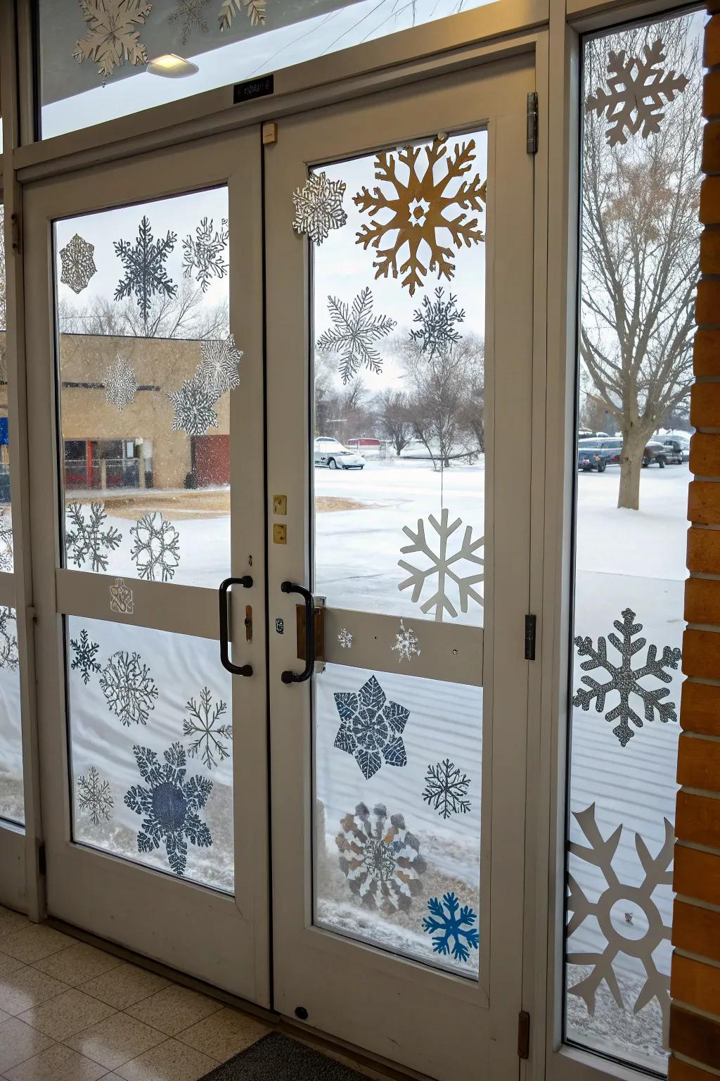 An educational entrance themed for winter, showcasing intricate snowflakes.