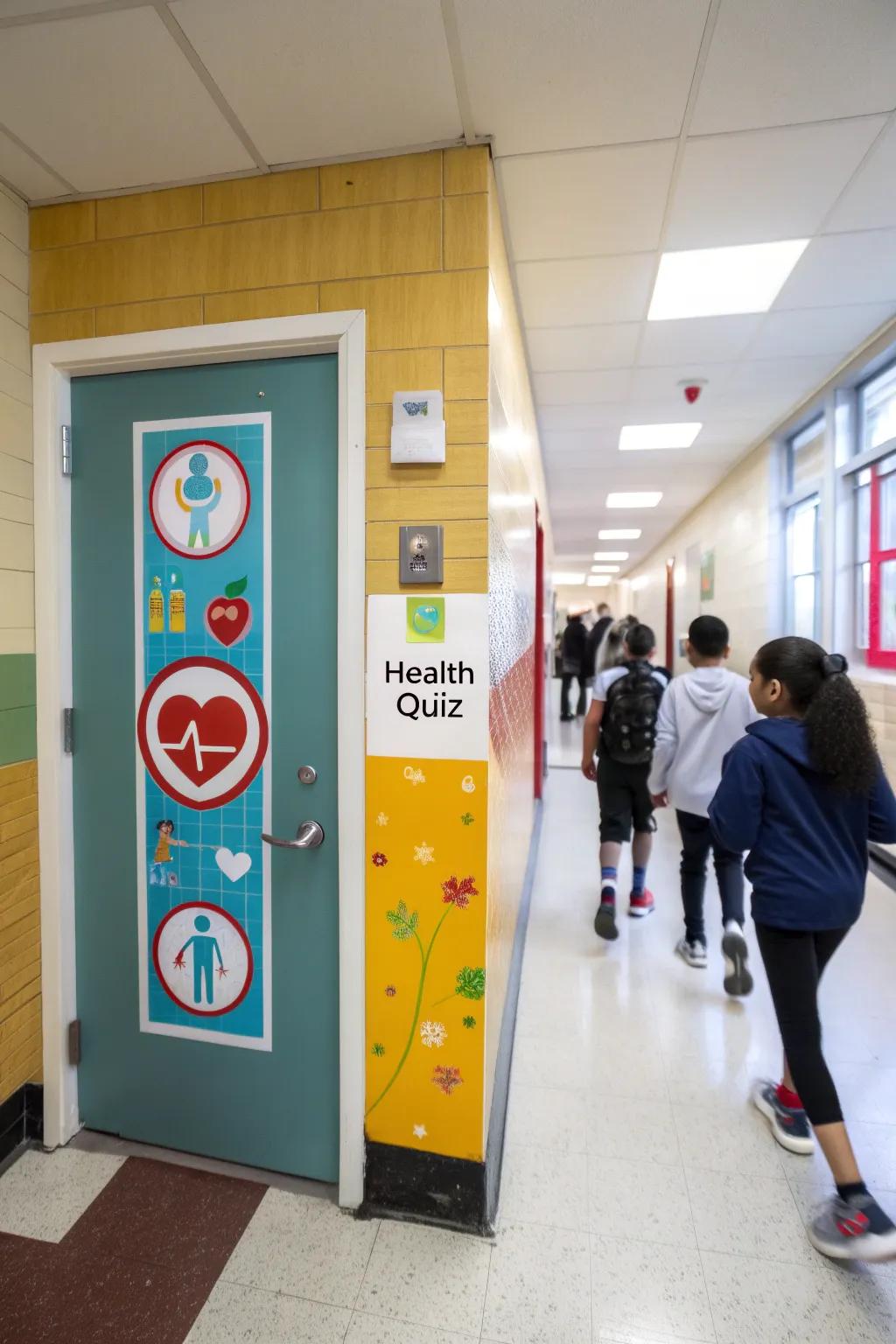An interactive school nurse’s door featuring a health quiz for students.