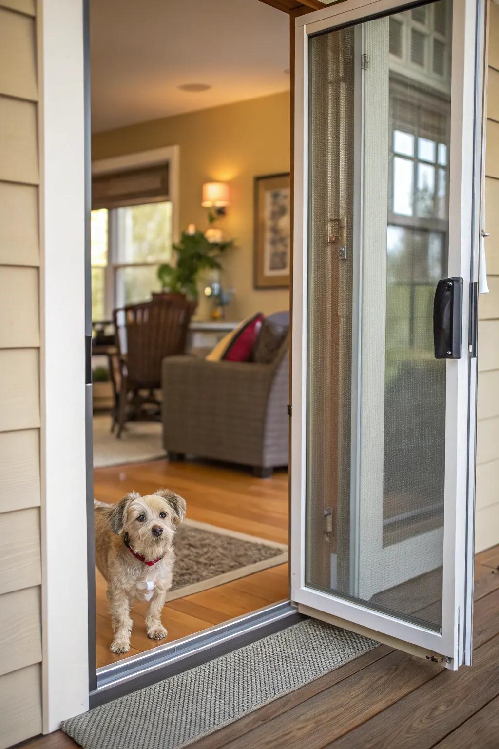A pet-friendly screen door with an entrance for furry friends.