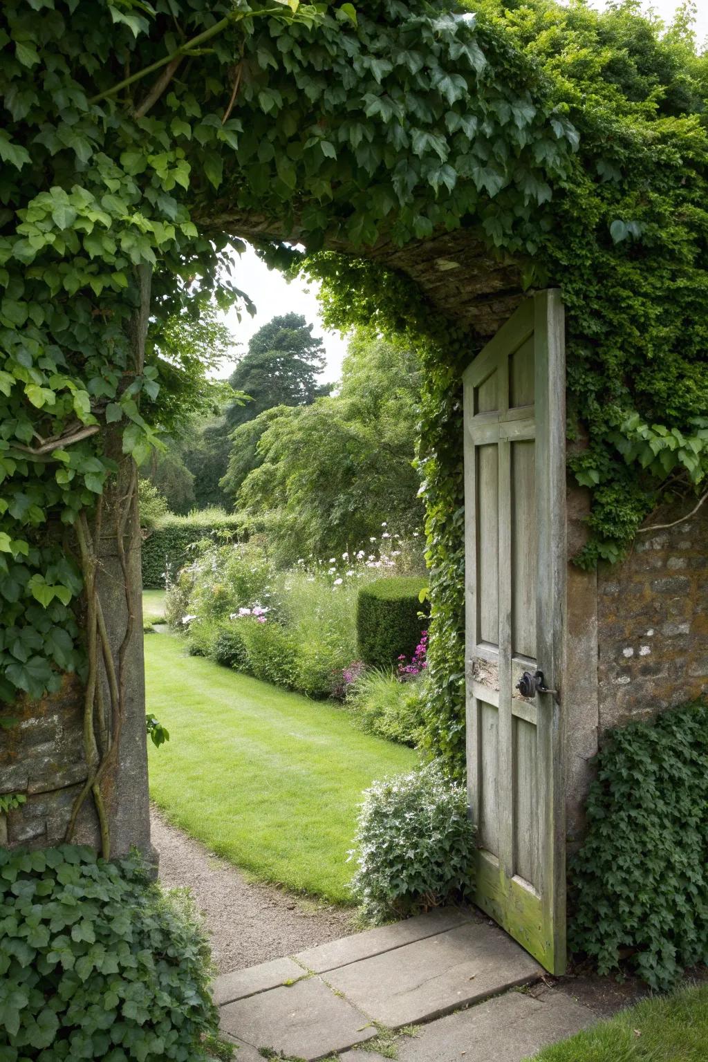 Nature's disguise hides this garden door in plain sight.