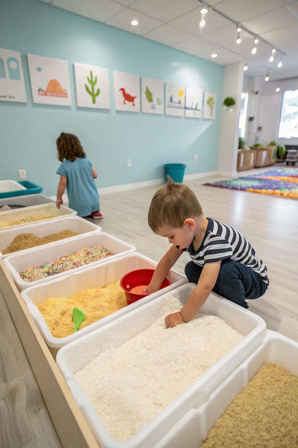 Sensory stations offer endless tactile discovery.