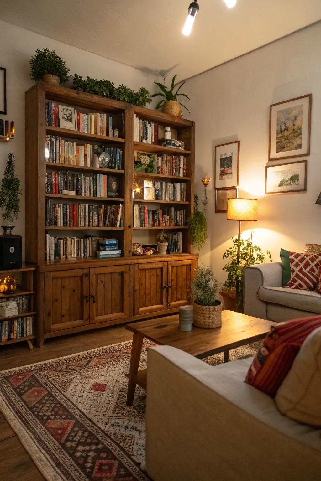 Bookshelves give the space a cozy, lived-in feel and personality.