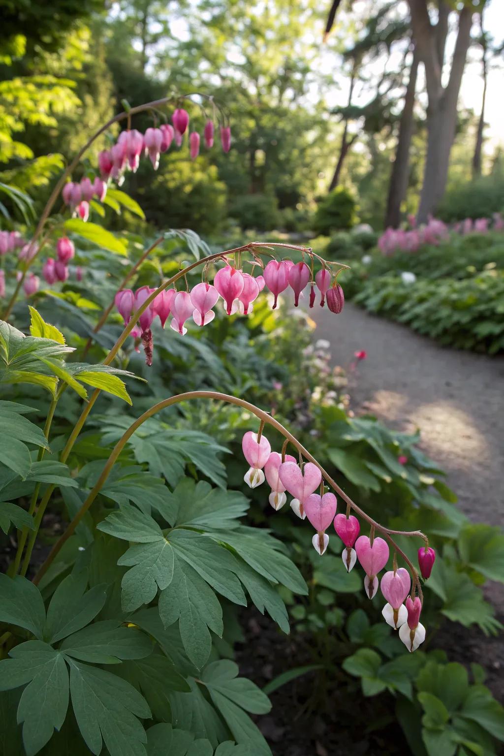 Bleeding hearts contributing a romantic aura to shaded gardens.