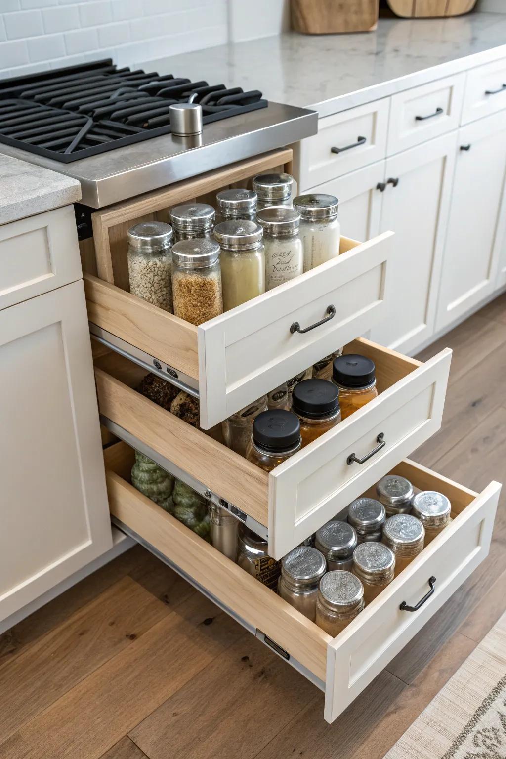 Slide-out drawer inserts make protein mixers easily accessible and organized.