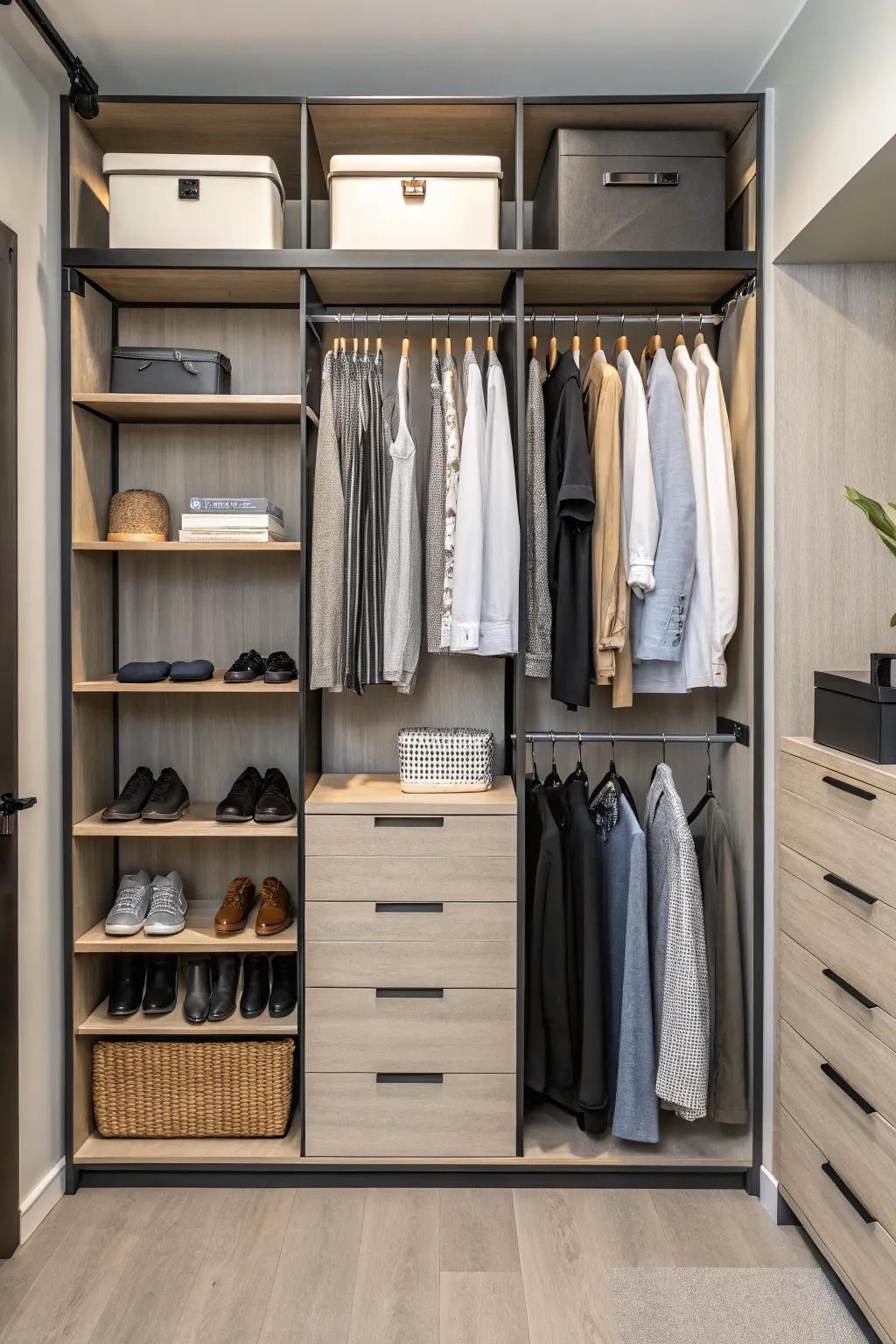 A closet exhibiting modular, adaptable components designed for personalized storage.