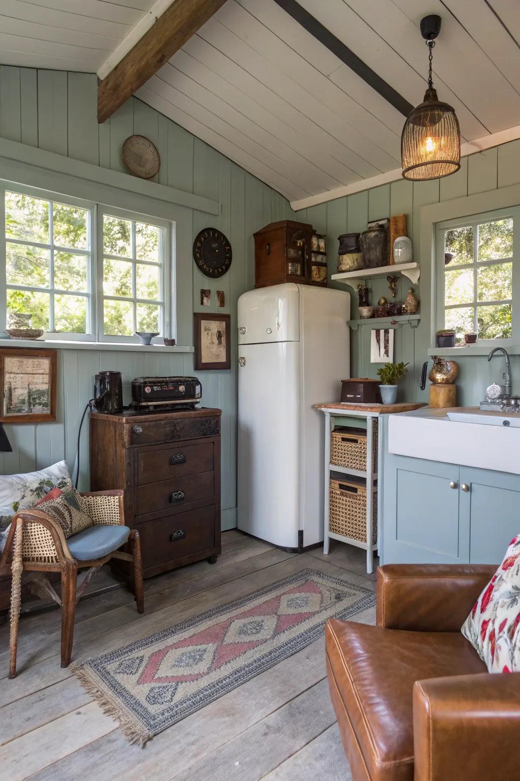 A shed home interior that blends modern and vintage decor styles.