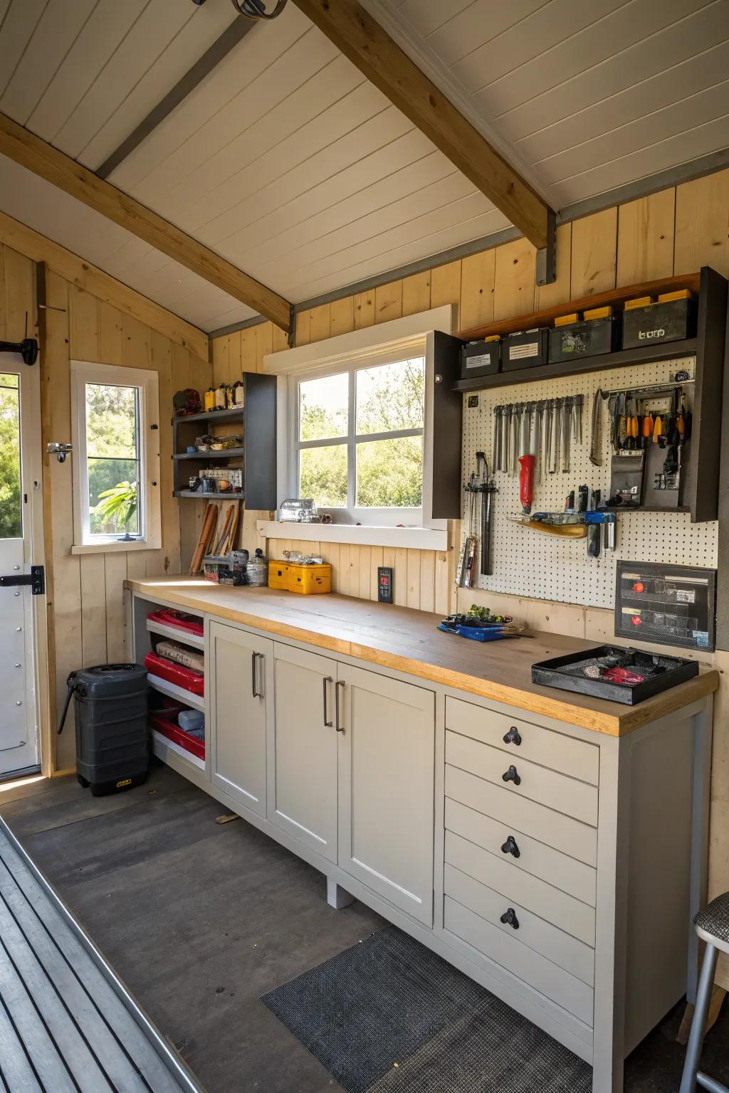 A shed transformed into a functional, tidy workshop.