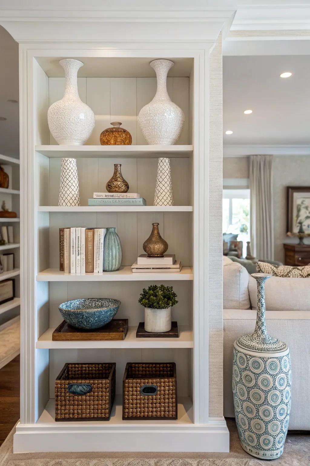 Symmetry imparts balance and harmony to shelf arrangements.