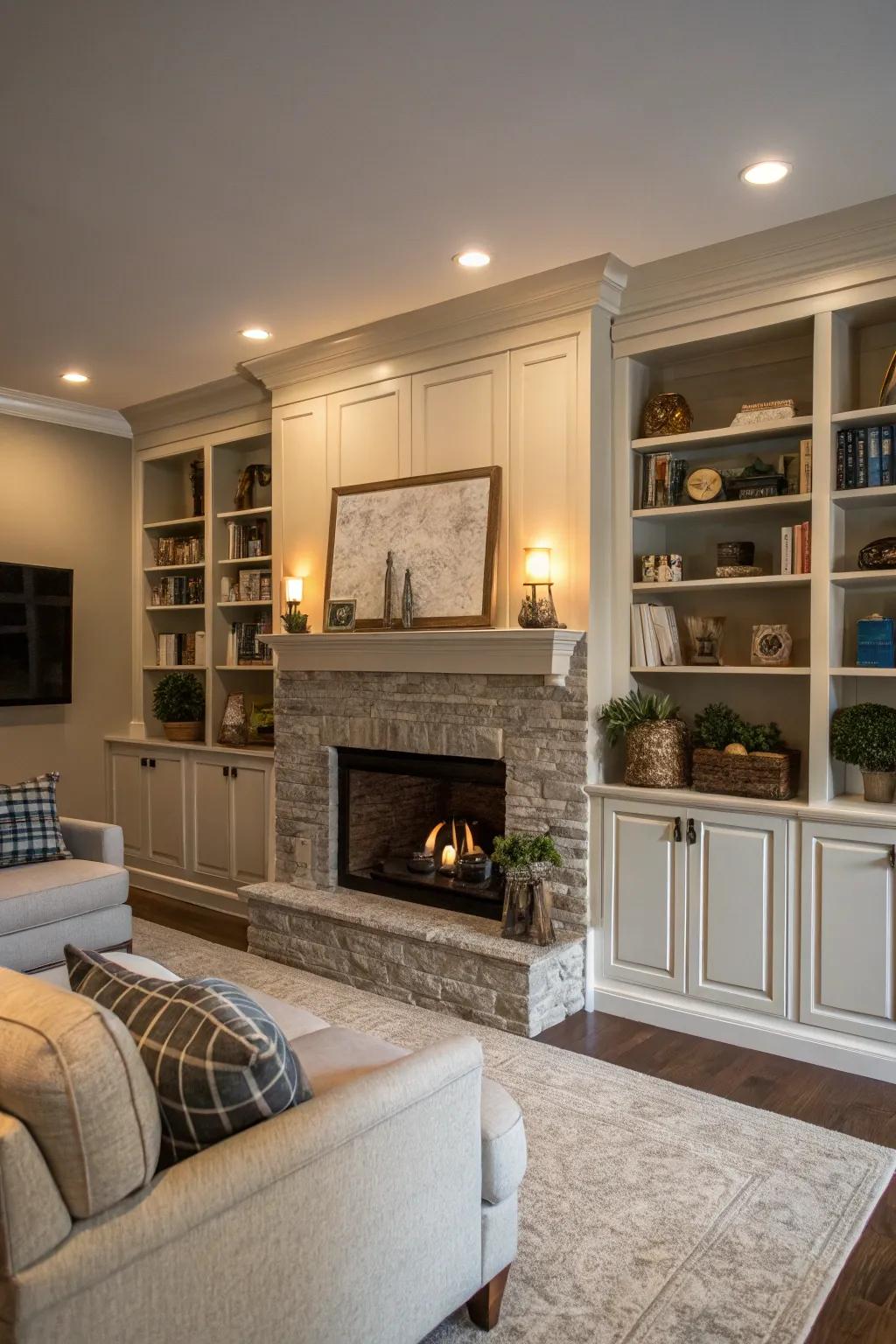 Covered cabinets provide hidden storage in the shelving unit.