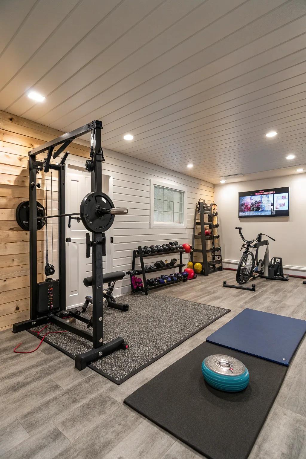A fashionable home gym in the basement with shiplap walls.