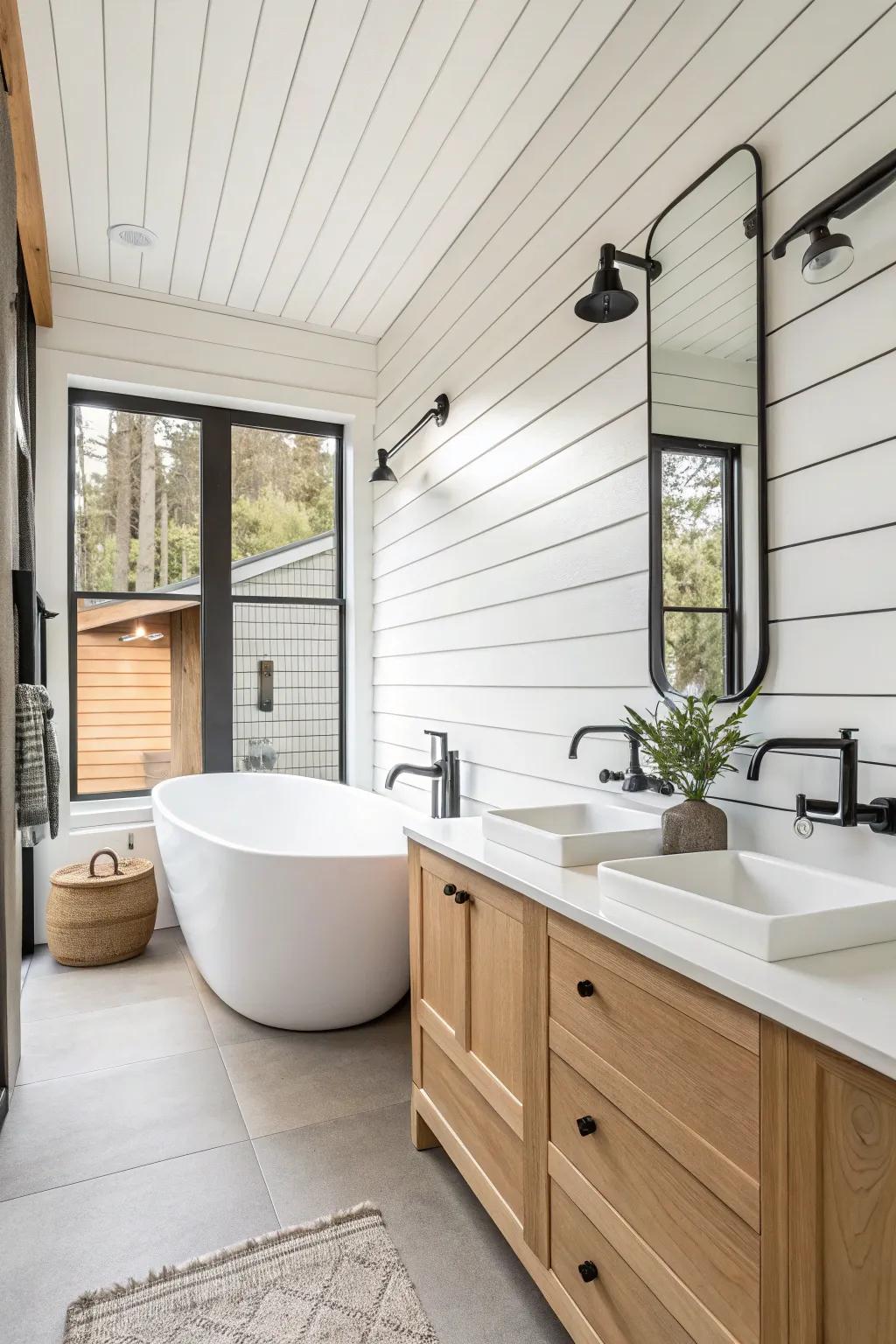 A bathroom featuring wall planks and cutting-edge fixtures for a stylish mix.