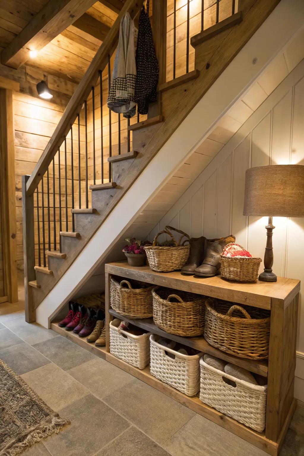 Under-the-stairs basket storage creatively uses space that is usually wasted.