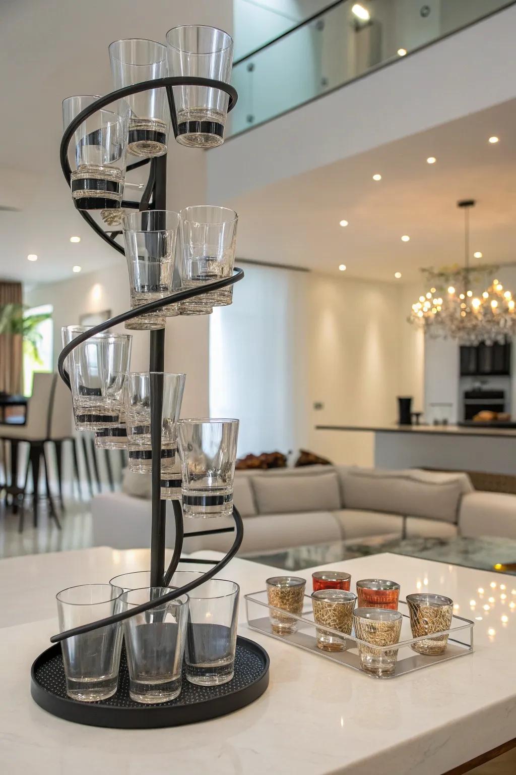 A contemporary abode exhibits a spiraling glass display, affording views from multiple angles.