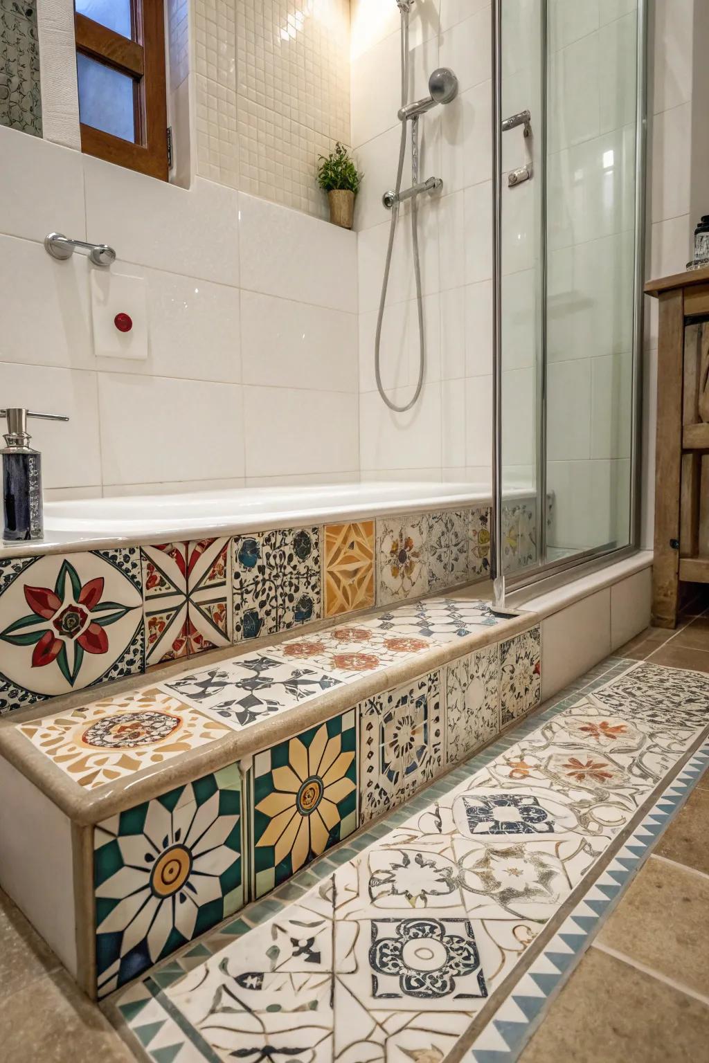 Patterns in curb tiles add visual intrigue to the bathroom design.