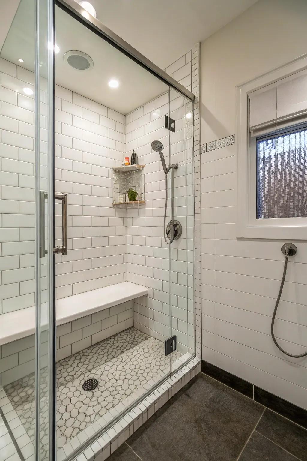 A shower equipped with a rain-simulating showerhead and an integrated seat.