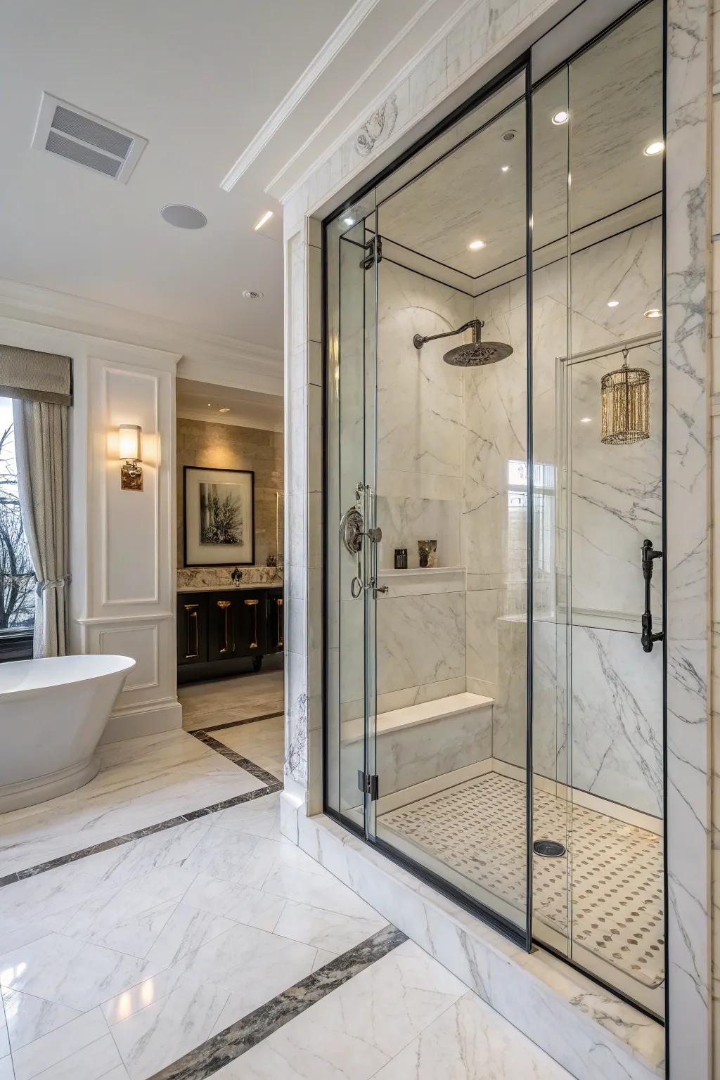 Marble accents bring a touch of luxury to this elegant shower.