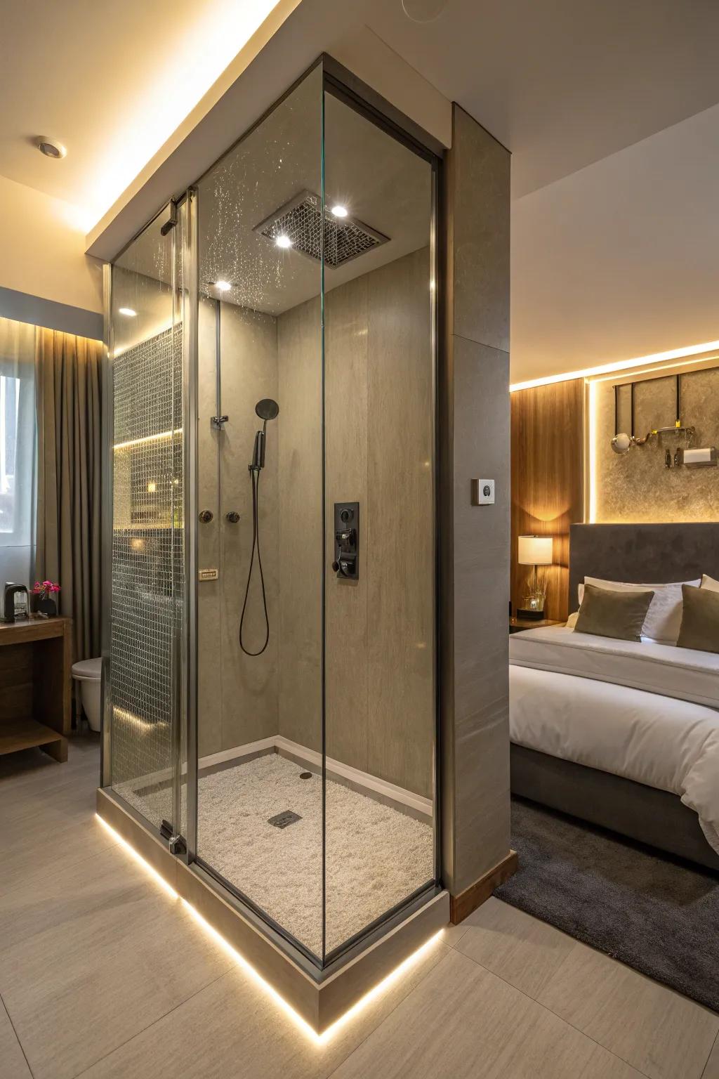 Integrated lighting enhances the mood and features of the shower space.