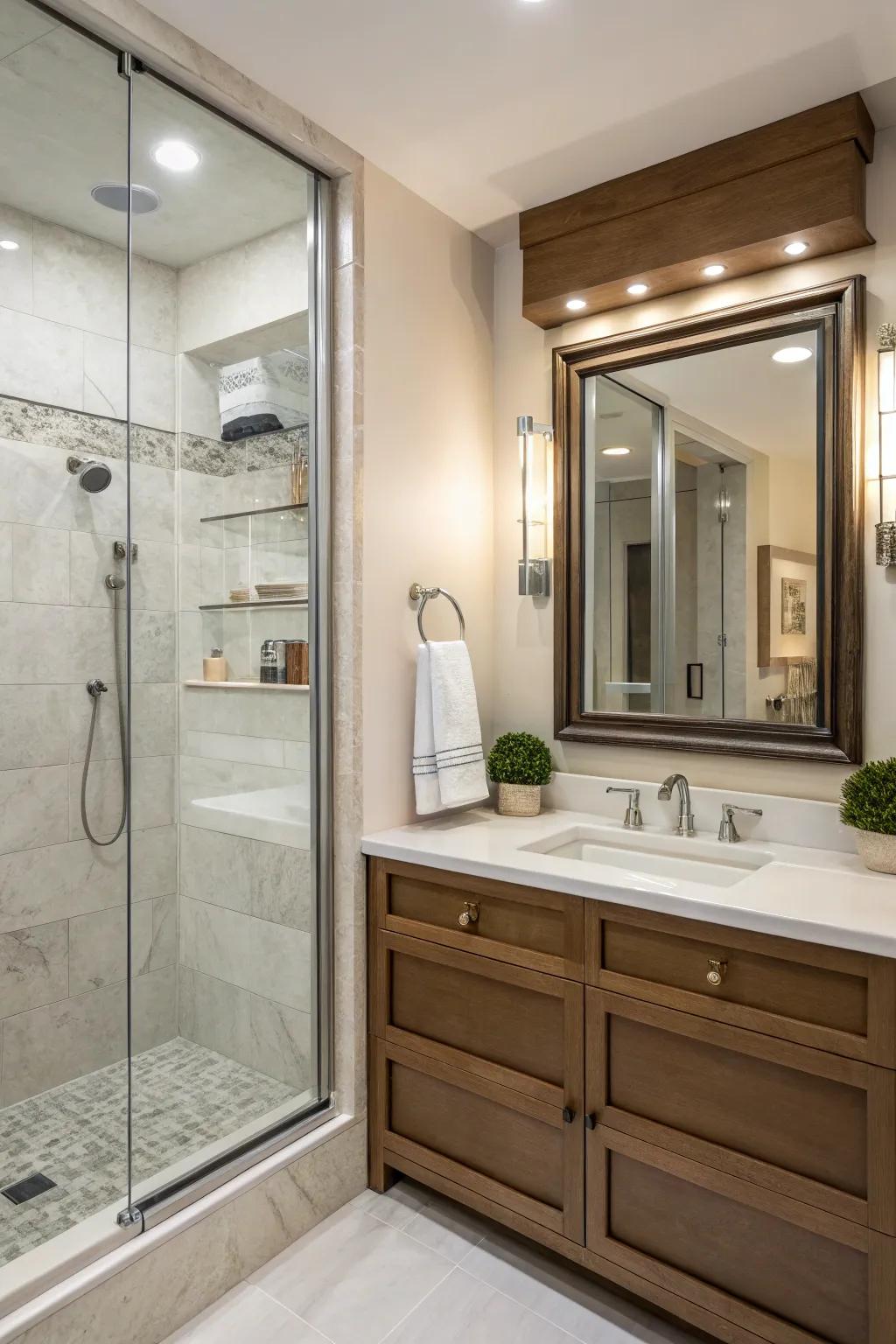 Integrated mirror in a shower recess for practicality and style