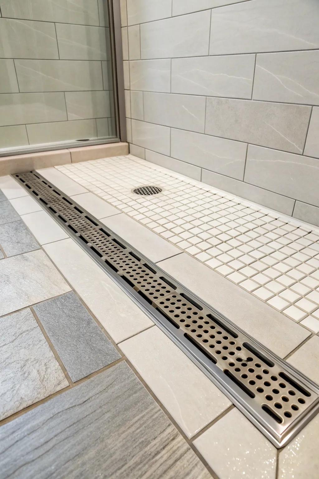 A sleek smooth drain simply integrated into a modern tile design on the shower base.