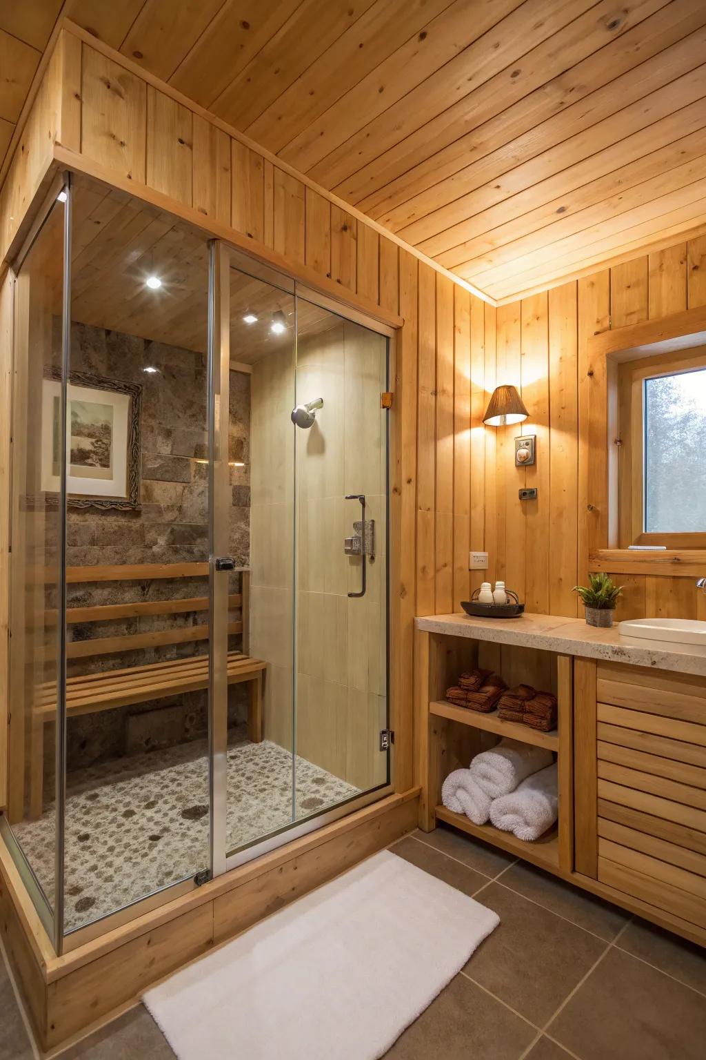 Wooden panels contribute warmth, creating an organic sensation in your shower.