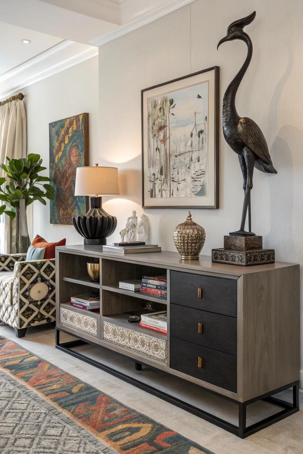 An unexpected sculpture on a credenza adds intrigue and character.