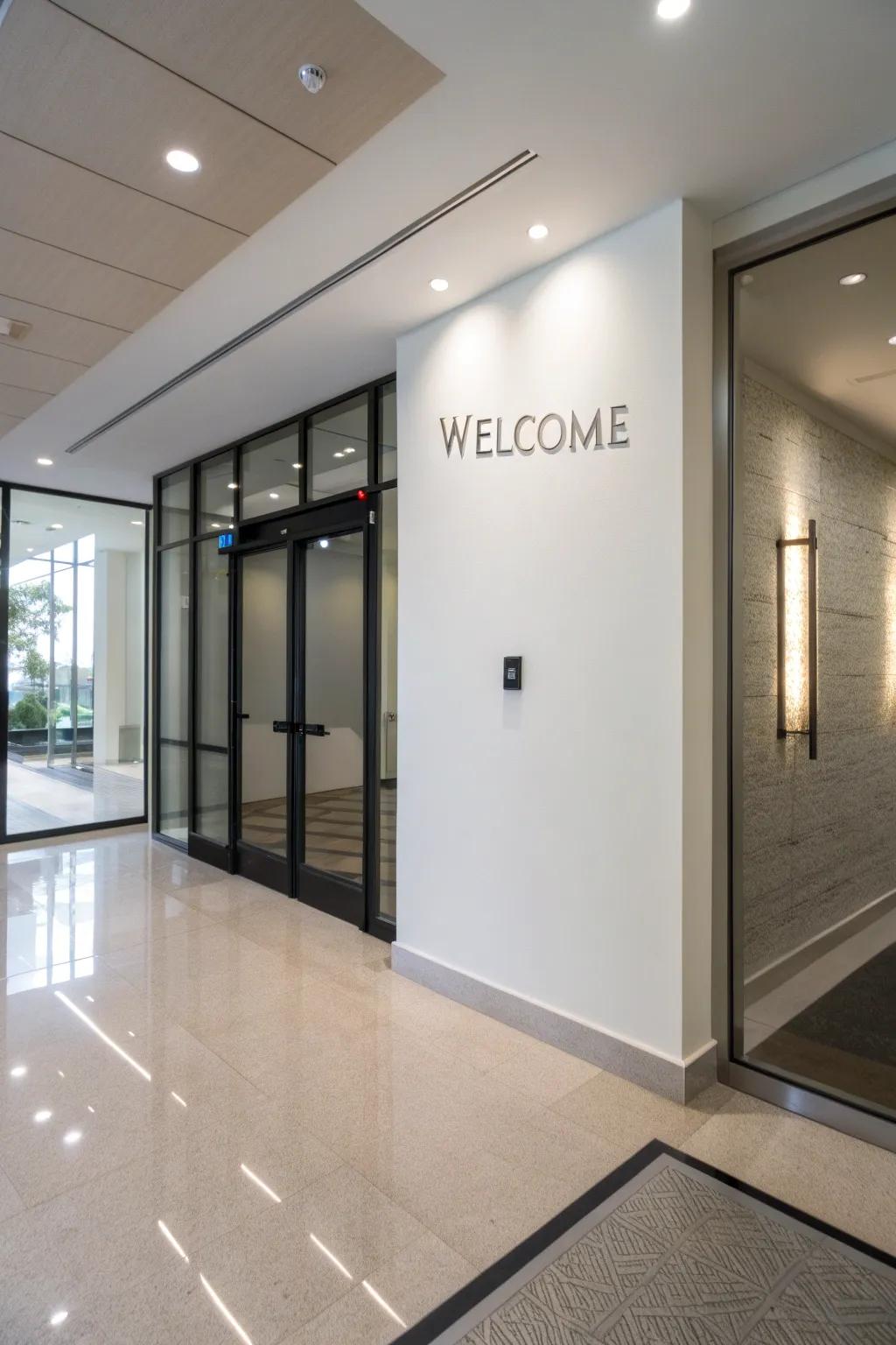 A modern entryway displaying a simple modern 'Welcome' sign hanging on the wall.