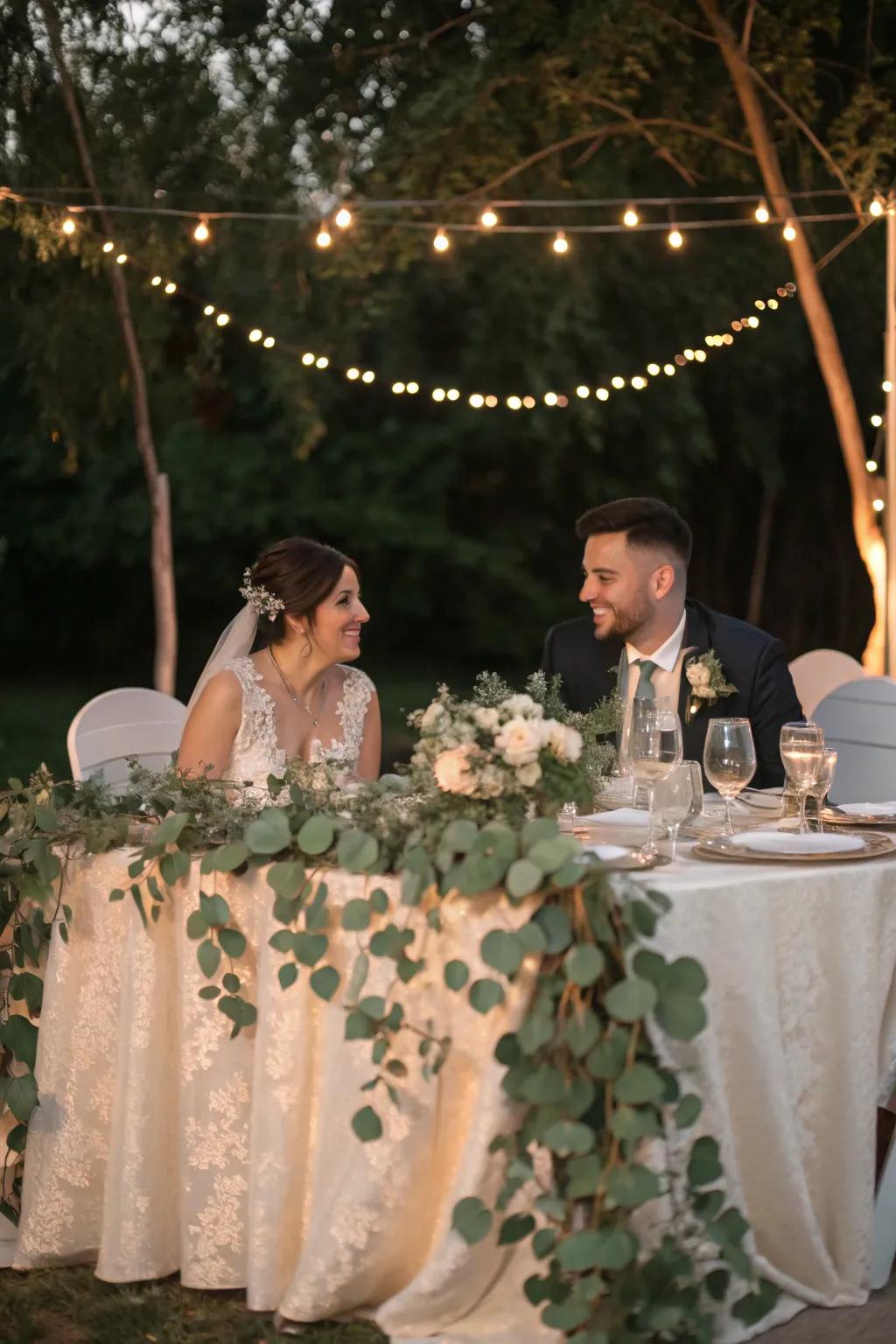 A bride and groom table decorated with eucalyptus accents.