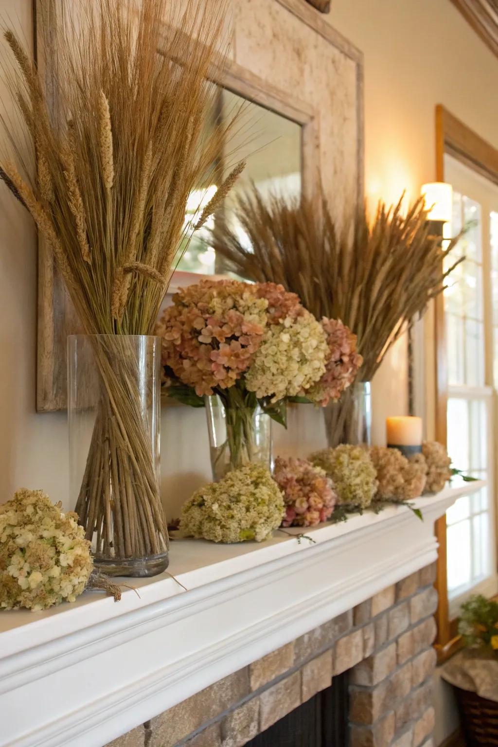 Bottles adding height and texture with dried florals.