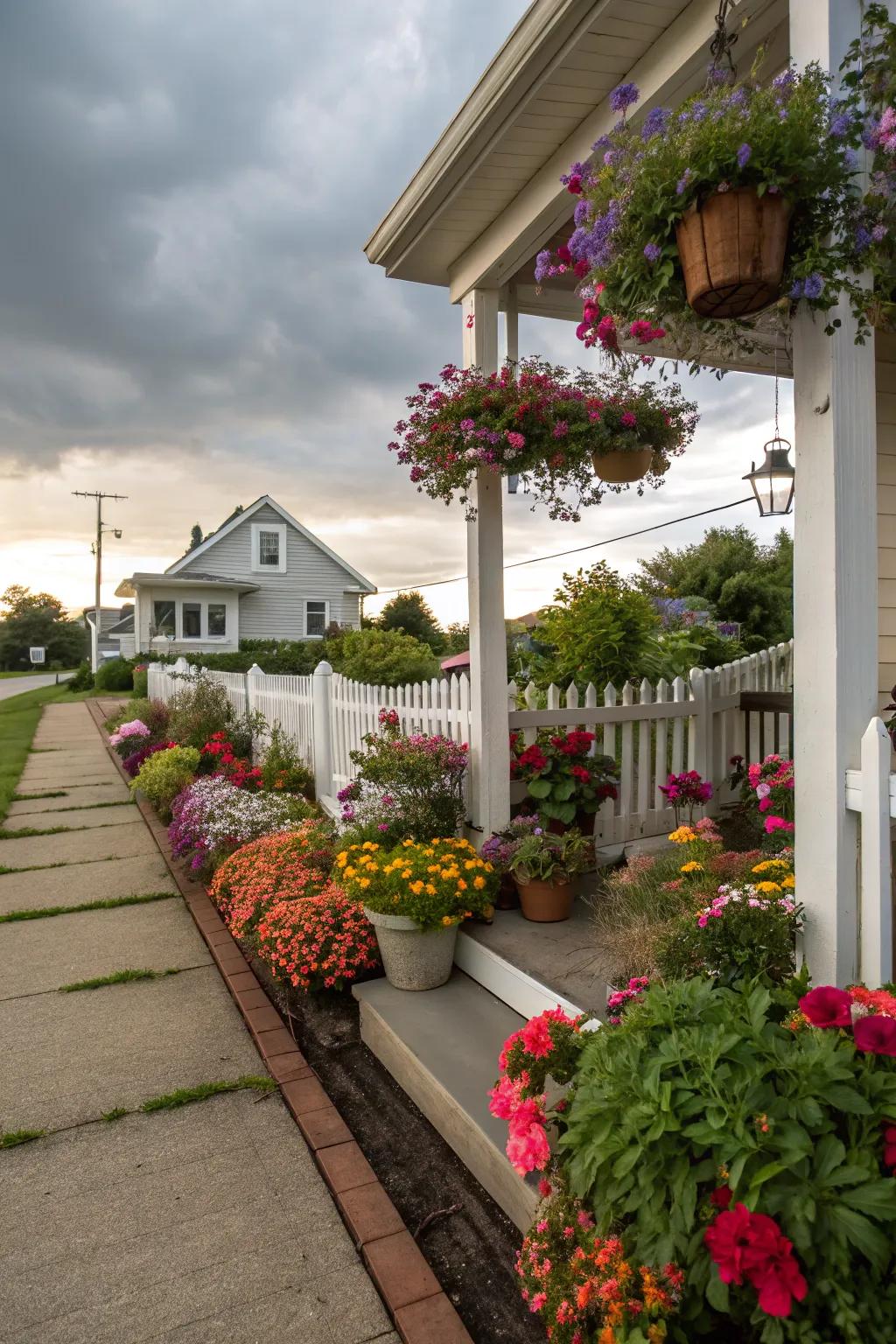 The blended flower bed and porch establish a harmonious and inviting entrance.