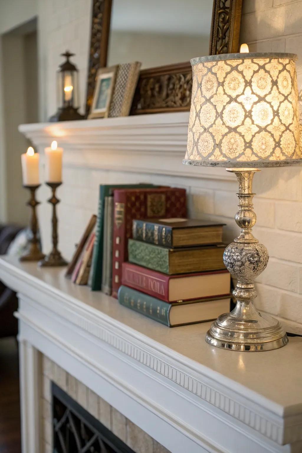 Useful decorative articles elevate the vogue and function of this mantel.