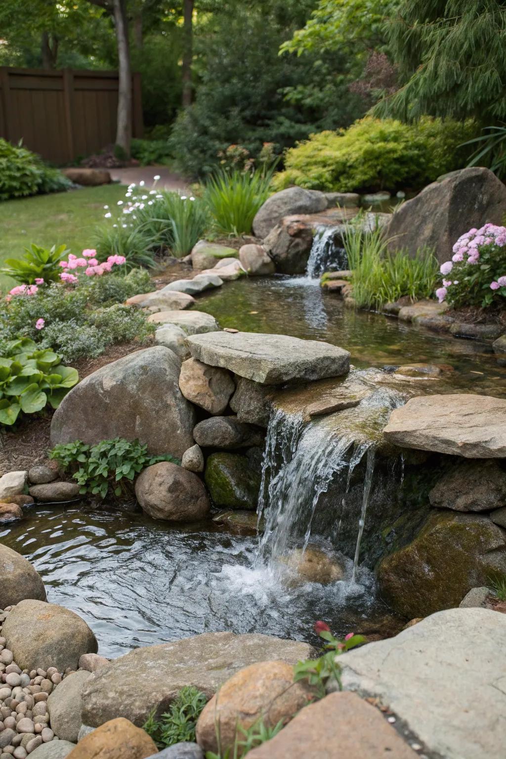 Liquid features enhance stone gardens by adding both sound and motion.