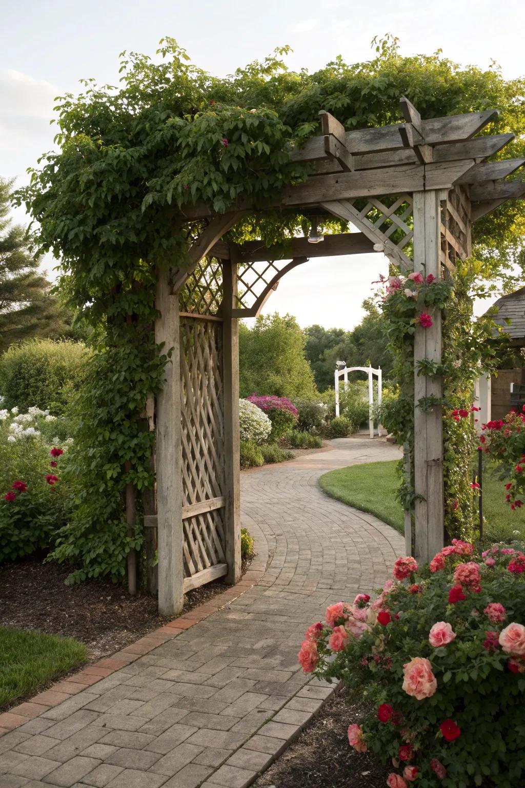 An arbor welcomes you into an exquisitely designed side yard.