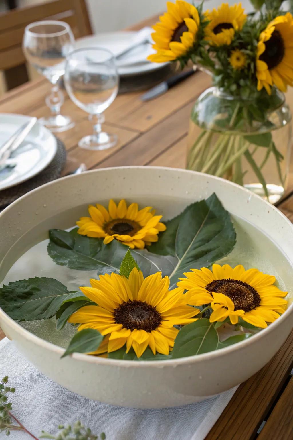 Soaring sunflowers produce a distinctive and attention-grabbing centerpiece.