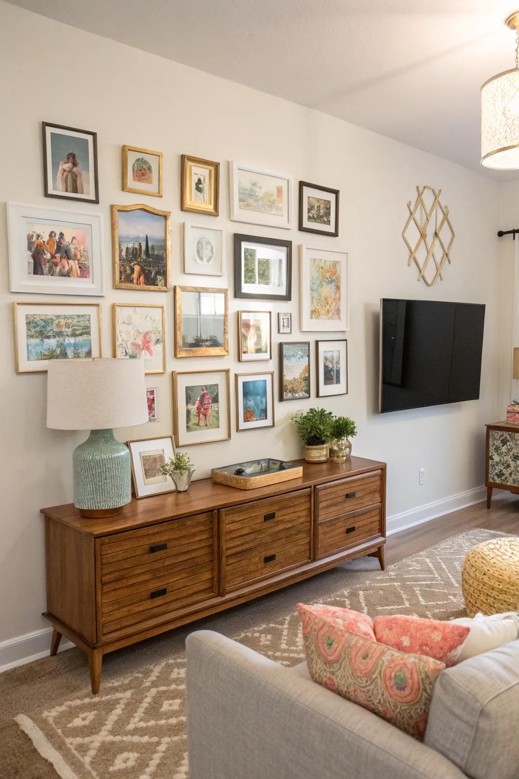 Craft a vibrant focal point using a gallery wall in your Sims 4 lounge.