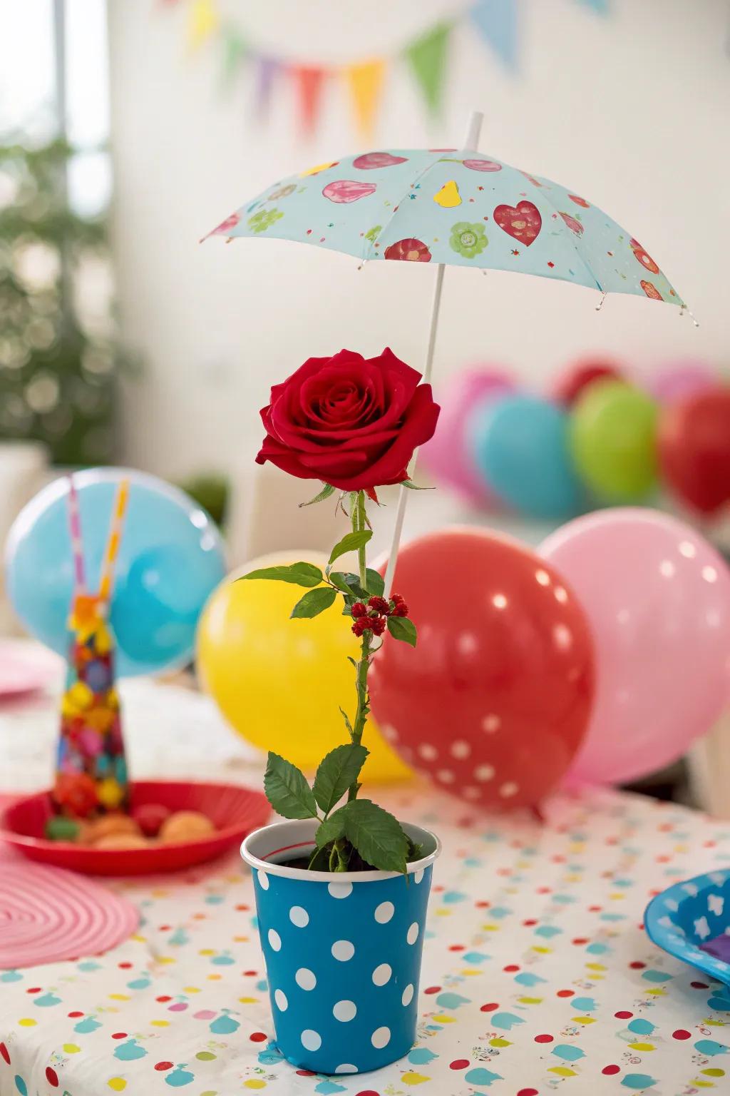 An umbrella above a rose produces a playful visual.