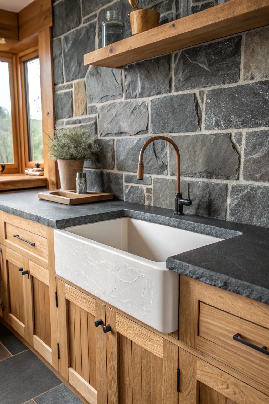 Unaltered stone offers an authentic and lavish feel in the cooking area.