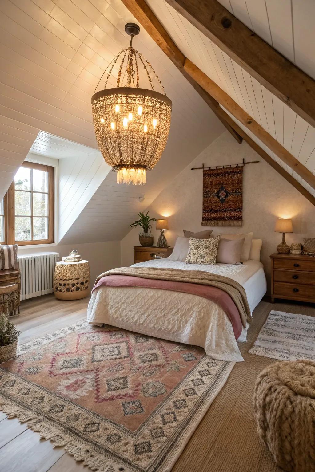 A bold light adds a touch of elegance to this attic bedroom.
