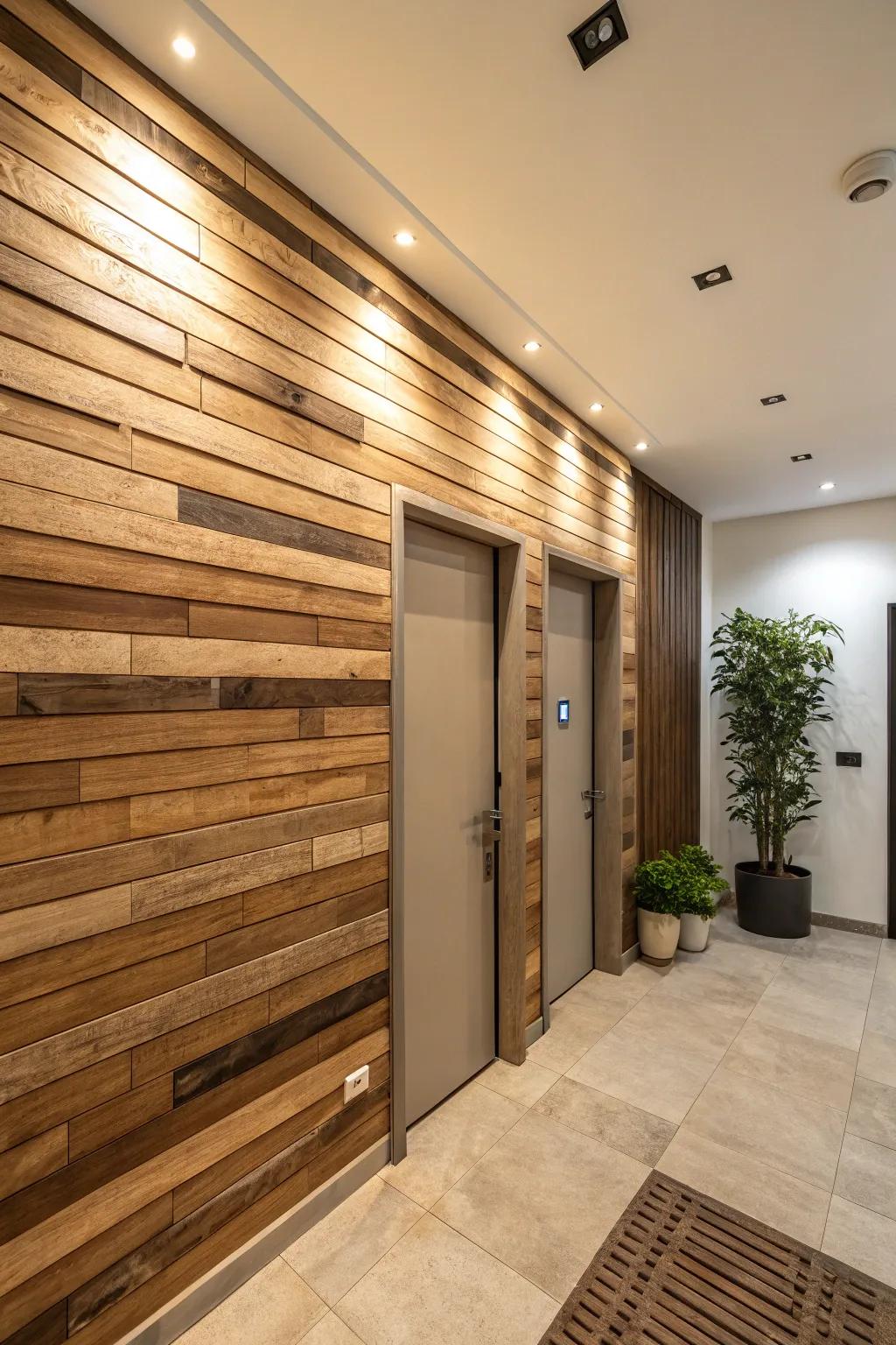 An entryway features a vibrant split-tone wood-look plank wall.