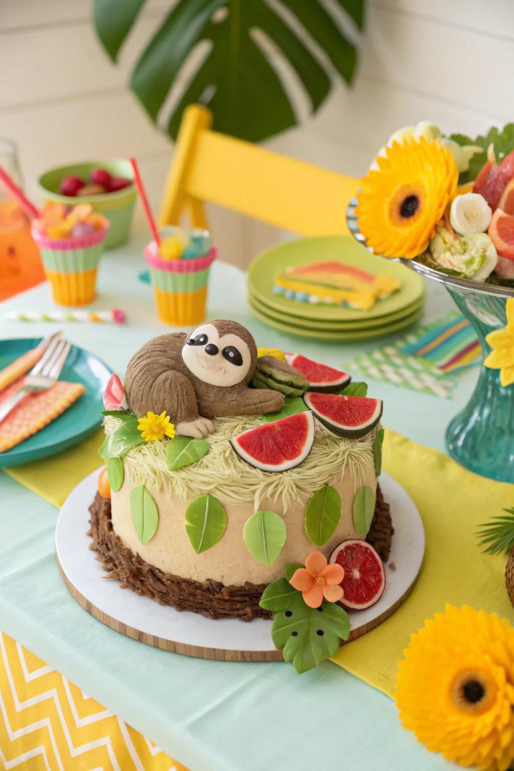 Exotic fruits bring lively flavors to the sloth cake.