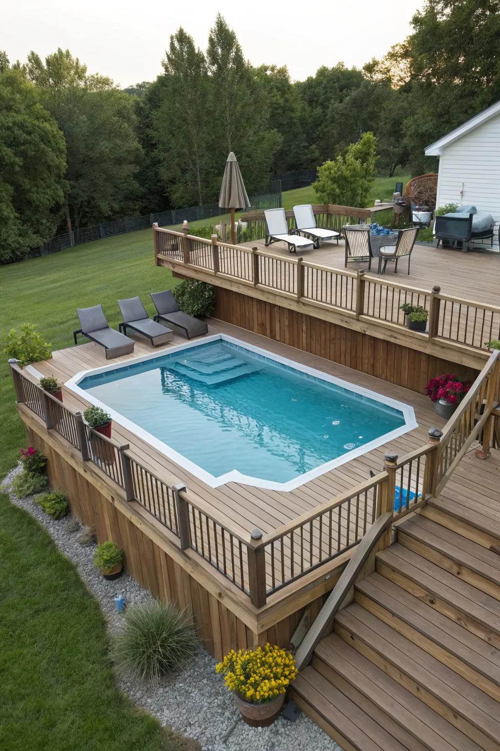 A multi-tiered above-ground pool design for increased visual appeal.